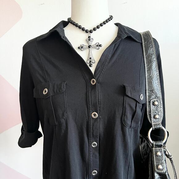 Black Button Up Top, Y2K‎ Retro Indie Sleaze Minimalist Gothic Grunge Large - Picture 2 of 5